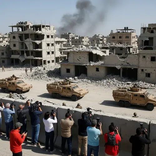 Intense Conflict Zone Scene: Journalists, Bombardment, Armored Vehicles