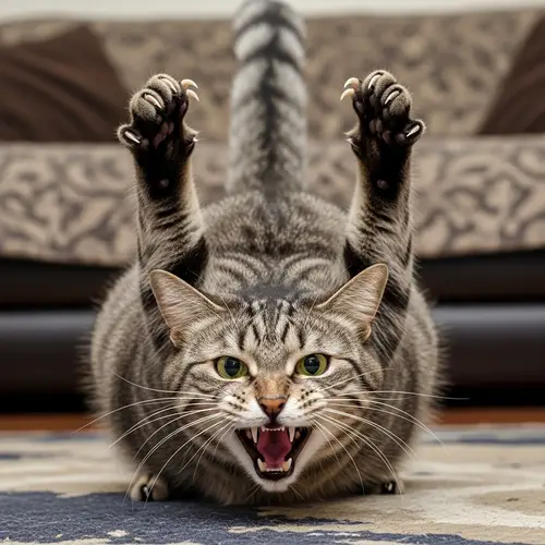 Fierce Domestic Feline in Defensive Stance - Gray Striped Cat