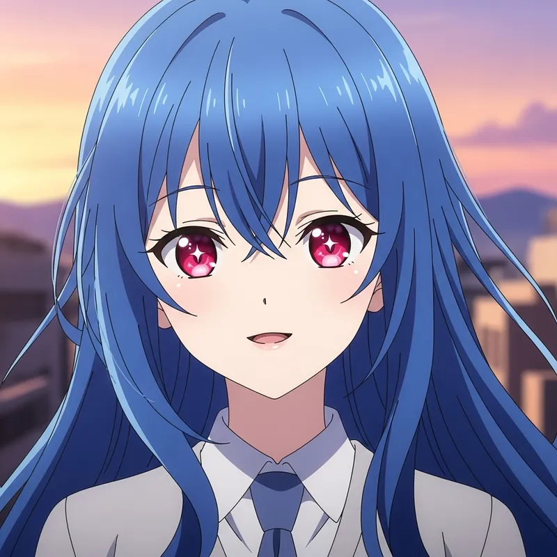 Anime Girl with Vivid Blue Hair and Radiant Red Eyes