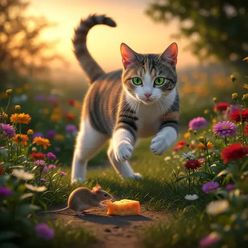 Radiant Calico Cat Pouncing in Blooming Garden
