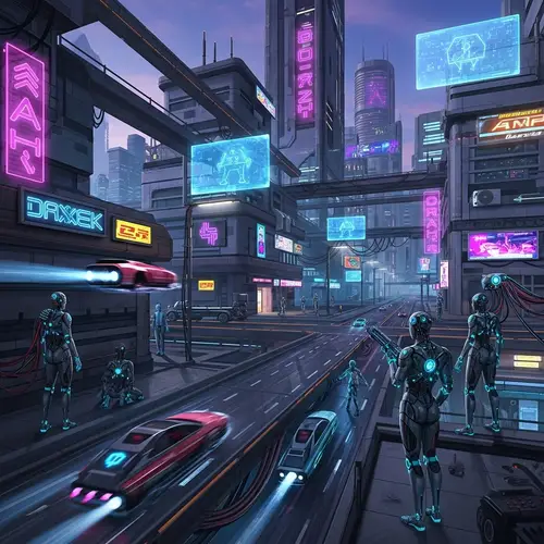 Futuristic Cybernetic Cityscape with Hover Cars & Cyborgs