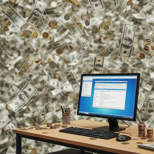 Unique Image: Currency Rain on Computer Desk