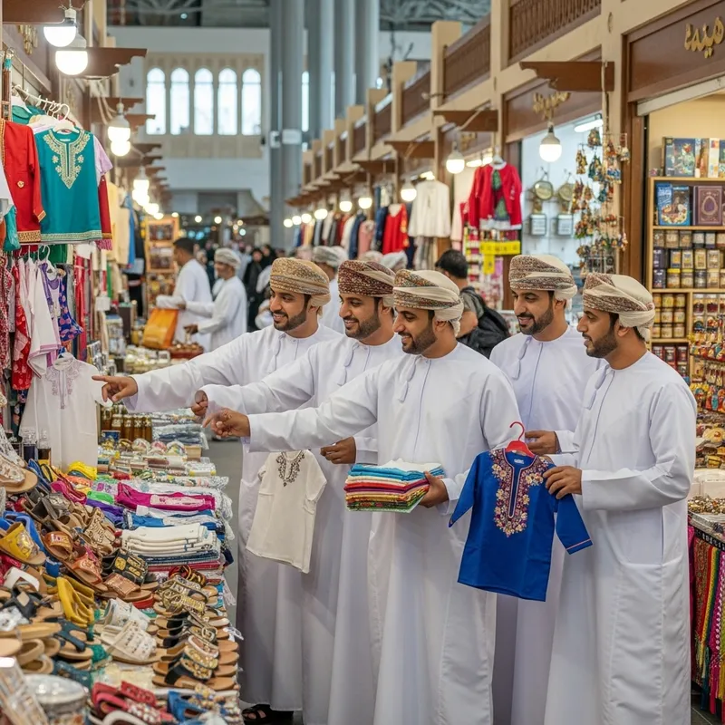 Omani Men Shopping for Clothing & Sandals in Vibrant Market
