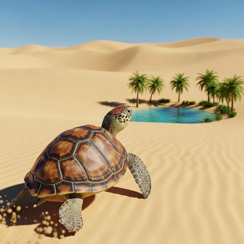 Turtle Discovers Water Oasis in Arid Desert