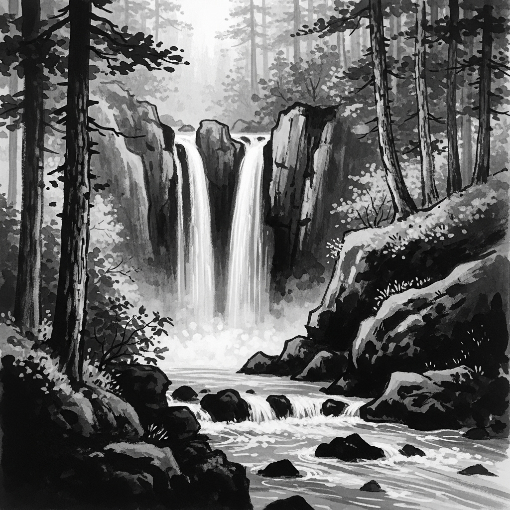 Zen Style Japanese Waterfall Scene Illustration | AI Art Generator
