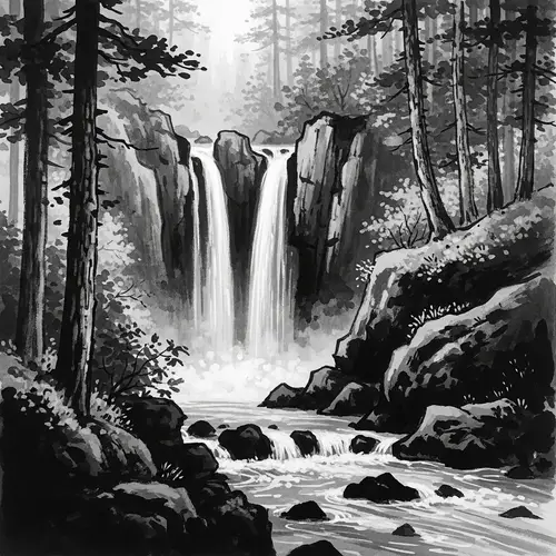 Japanese Sumi-e Zen Art Waterfall Illustration