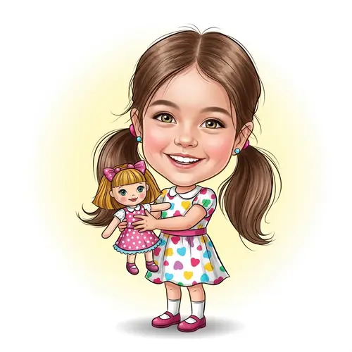 Caricature Illustration: Happy Girl Holding Doll