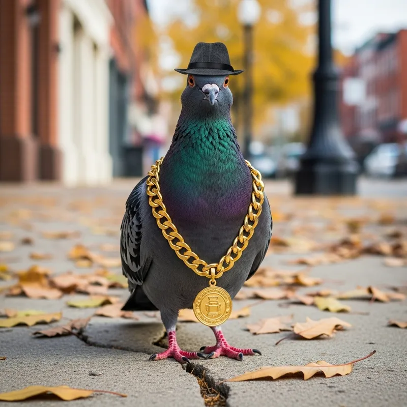Fashionable Pigeon with Gold Chain & Fedora Hat