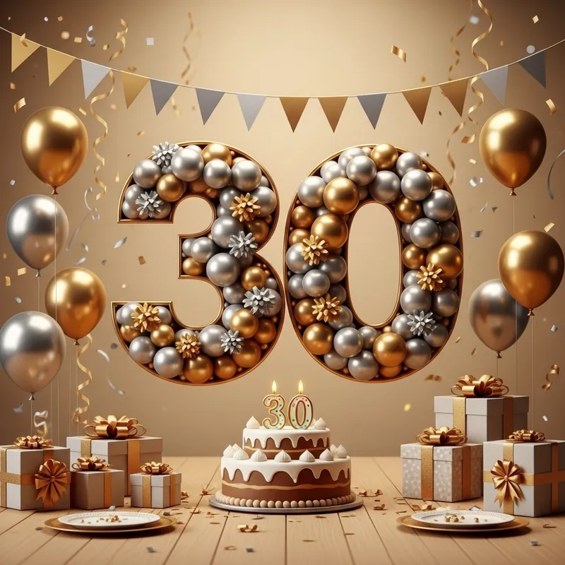 Happy 30th Anniversary Celebration with Balloons, Cake & Gifts