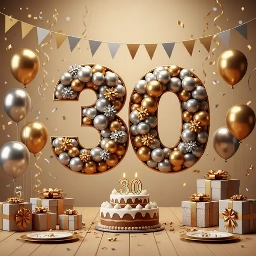 30th Anniversary Celebration Balloons, Cake & Presents