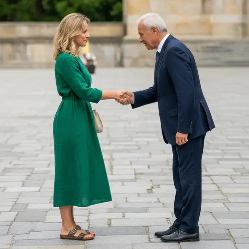 Elegant Greeting: Woman in Green Dress & Stylish Sandals