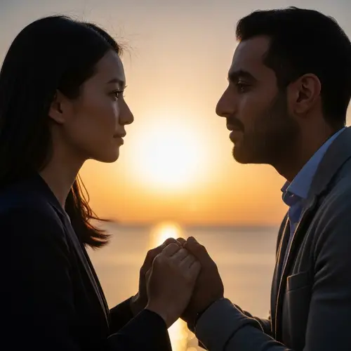 Romantic Scene of East Asian & Middle Eastern Couple Holding Hands
