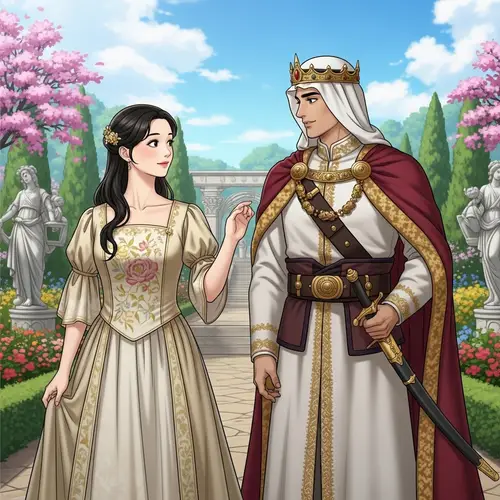 Encounter of Noble Young Lady and Prince in Scenic Garden
