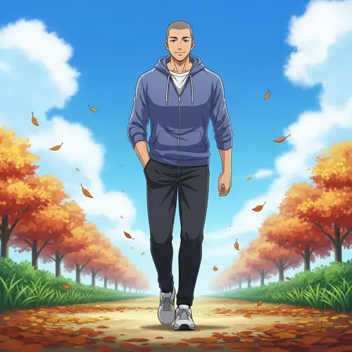 Serene Illustration of Athletic Man Walking Under Autumn Sky