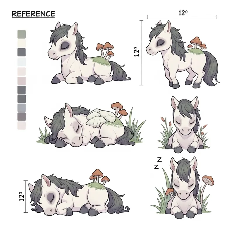 Adorable Chibi-Style Undead Horse Reference Sheet with Pastel Palette Adorable Chibi-Style Undead Horse Reference Sheet with Pastel Palette
