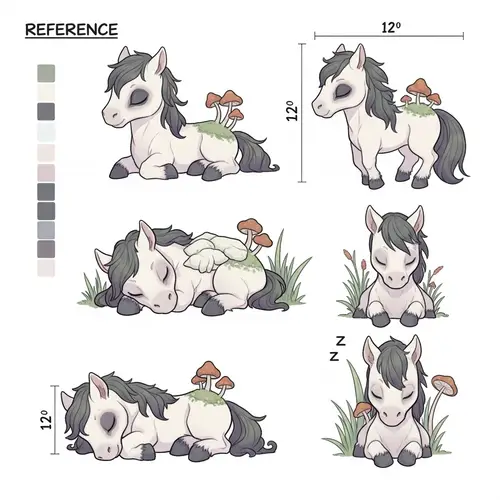 Chibi-Style Undead Horse Reference Sheet in Pastel Shades