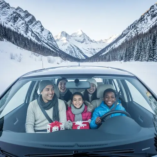 Multicultural Family Holiday Drive Through Snowy Mountain Pass