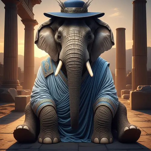 Blue Elephant Sitting in Toga and Hat