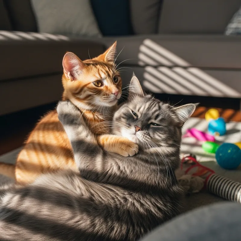 Lovable Ginger Cat Hugging Larger Fluffy Grey Cat | Heartwarming Moment