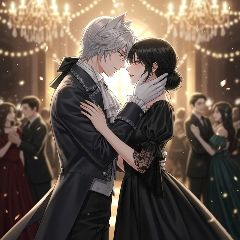 Tender Romance: Silver-Haired Man & Elegant Black-Haired Woman Tender Romance: Silver-Haired Man & Elegant Black-Haired Woman