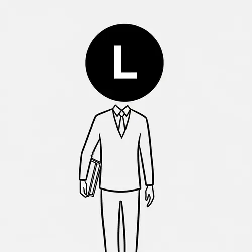 Minimalist Man Holding Book with Unique 'L' Head Artwork