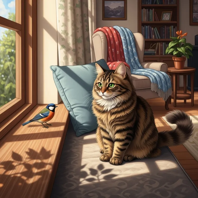 Adorable House Cat with Emerald Eyes on Window Ledge | Home Comfort