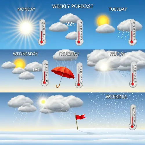 Weekly Weather Forecast: Sunny Monday-Tuesday, Passing Shower Wednesday, Cloudy Thursday-Friday, Snowy Weekend - 22°C to 15°C