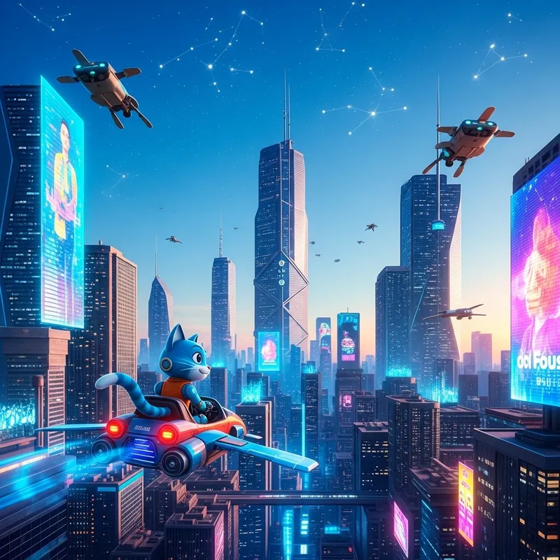 Robotic Cat Pilot: Futuristic Flying Car in Dazzling Cityscape Robotic Cat Pilot: Futuristic Flying Car in Dazzling Cityscape