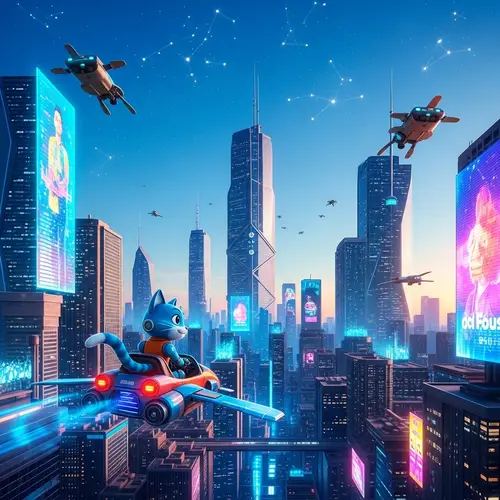 Futuristic Cityscape with Robotic Cat Flying Car