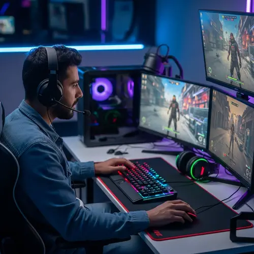 Intense Middle-Eastern Gamer in High-Tech Gaming Setup