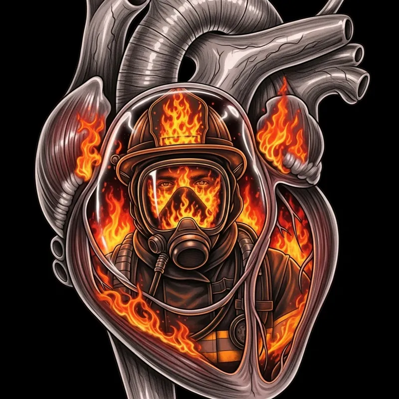 Heart Muscle Tattoo with Firefighter and Flaming Mask