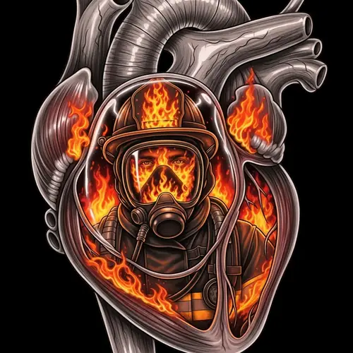 Heart Muscle Tattoo with Firefighter and Flames