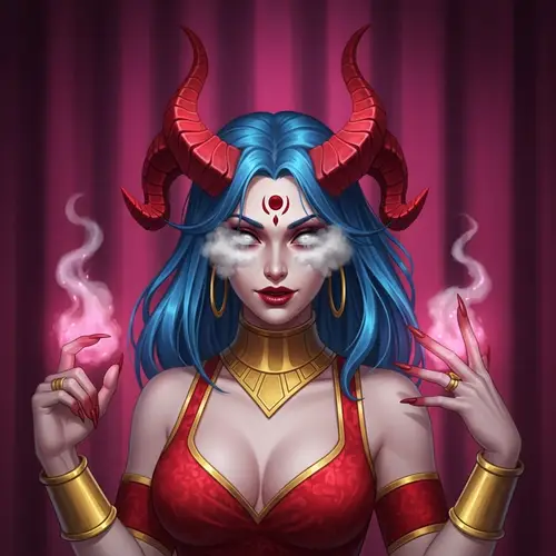 Enigmatic South Asian Demon with Blue Hair and Red Horns