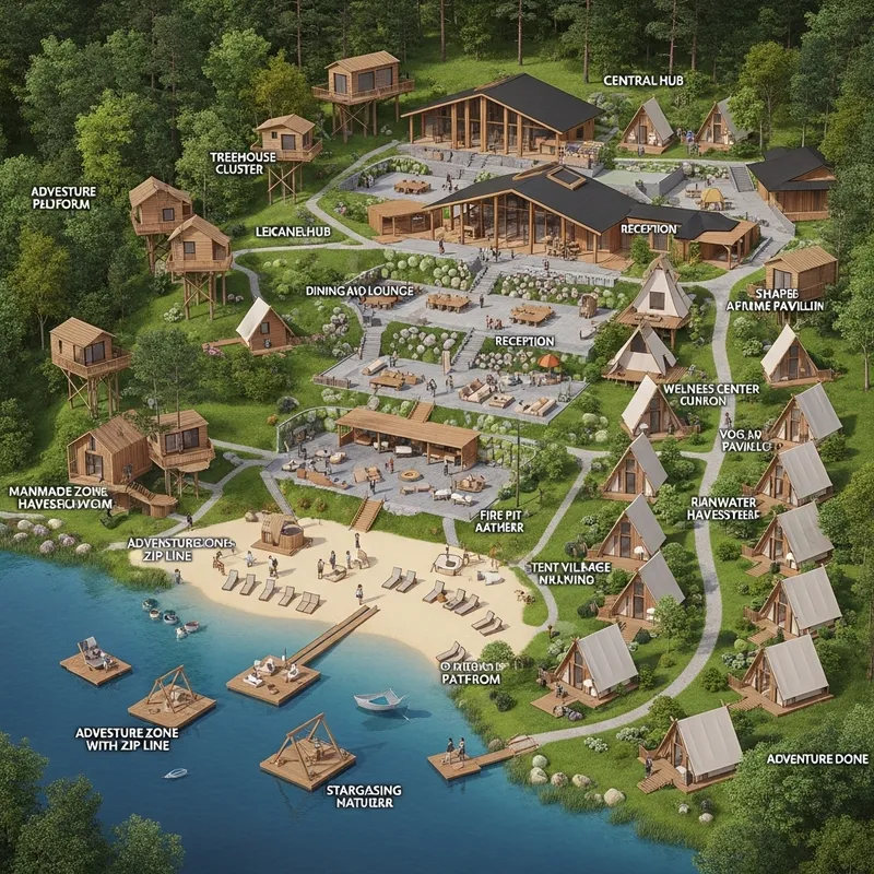 Luxury Glamping Resort with Forest Trail Inspiration | Exclusive Amenities & Sustainability Features