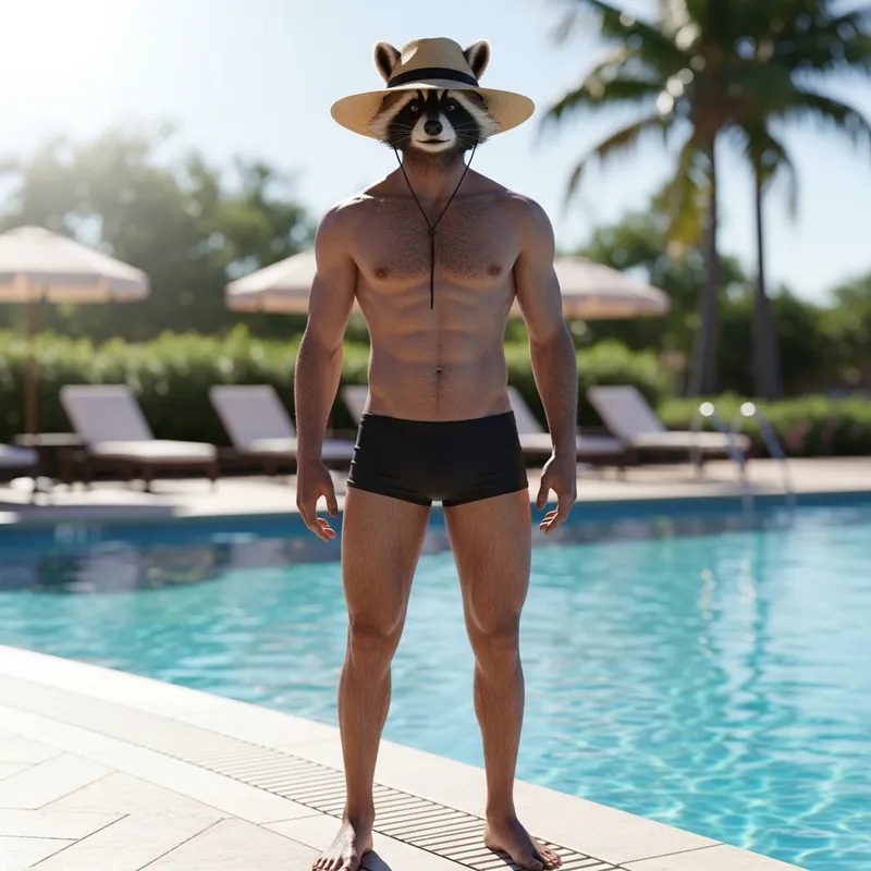 Male Raccoon Demi-Human in Underwear by Poolside