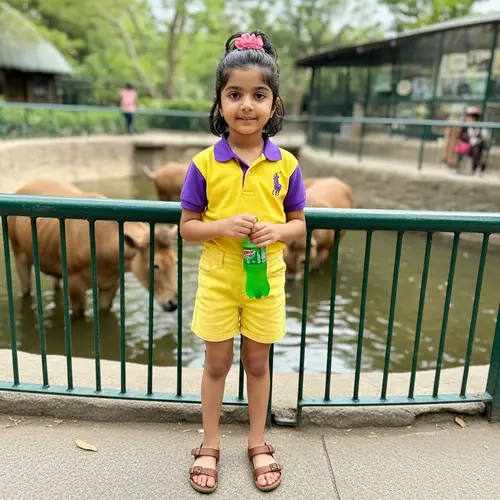 Young South Asian Girl at Zoo in Yellow Polo Shirt and Denim Shorts