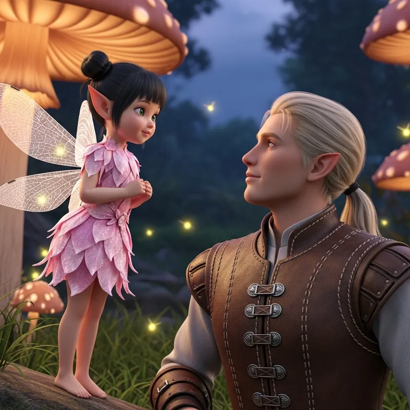 Enchanting Fairy Girl in Pink with Blond Man in Medieval Jacket
