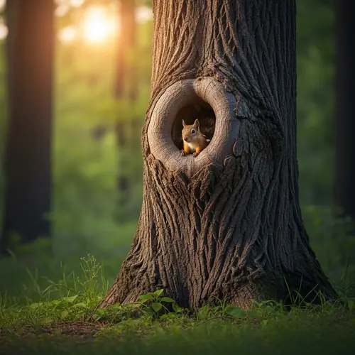 Majestic Tree with Squirrel in Hollow | Forest Sunset View