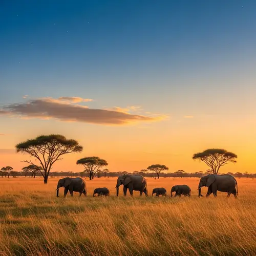 African Savanna at Sunset: Elephants in the Golden Grass