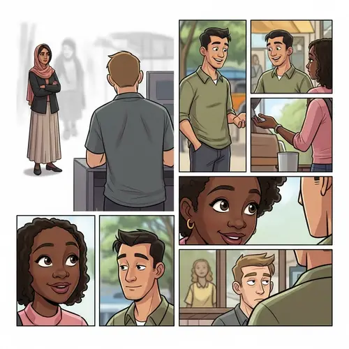Multicultural Cartoon Storyboard: Women and Men Interactions