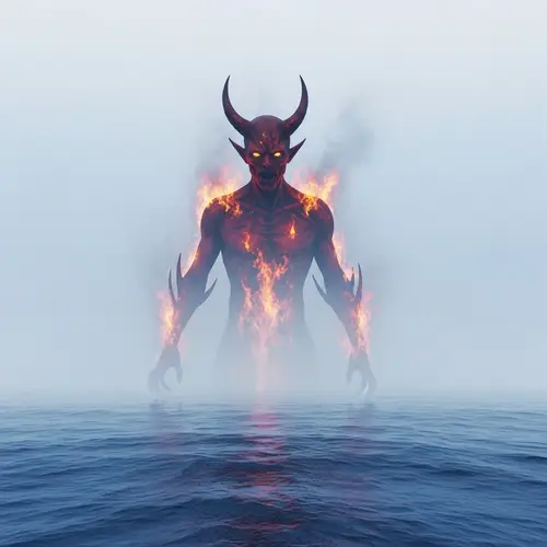 Demonic Entity Emerging from Mist Over Azure Sea