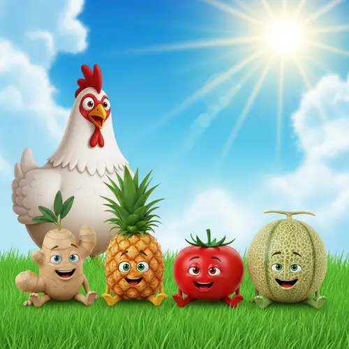 Whimsical Cartoon Fruits and Veggies on Green Grass