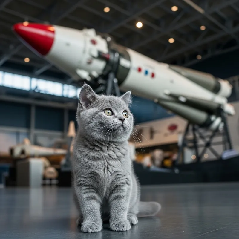 Plush Grey Kitten Admiring Real-life Rocket in Space Museum Plush Grey Kitten Admiring Real-life Rocket in Space Museum