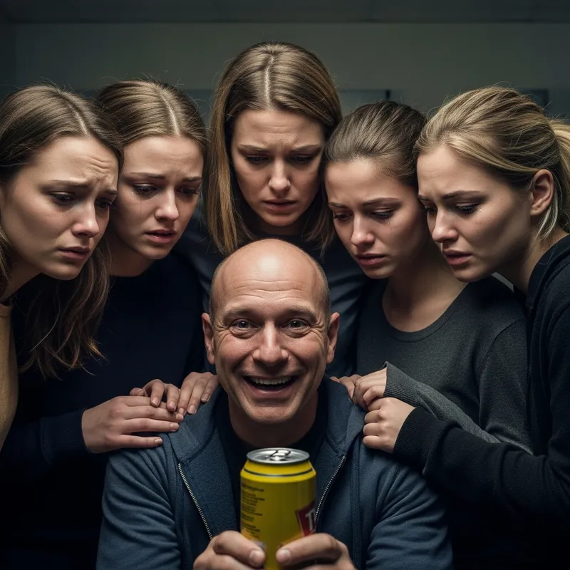 Diverse Group with Bald Man and Can in Circle, Smiling