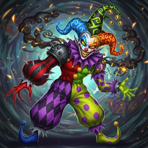 Mischievous Clown Demon with Chaotic Aura and Dramatic Colors
