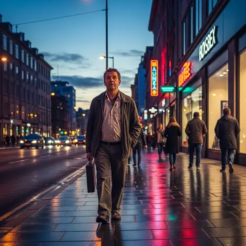 Twilight Scene: Downtrodden Middle-Aged Man on Bustling Street