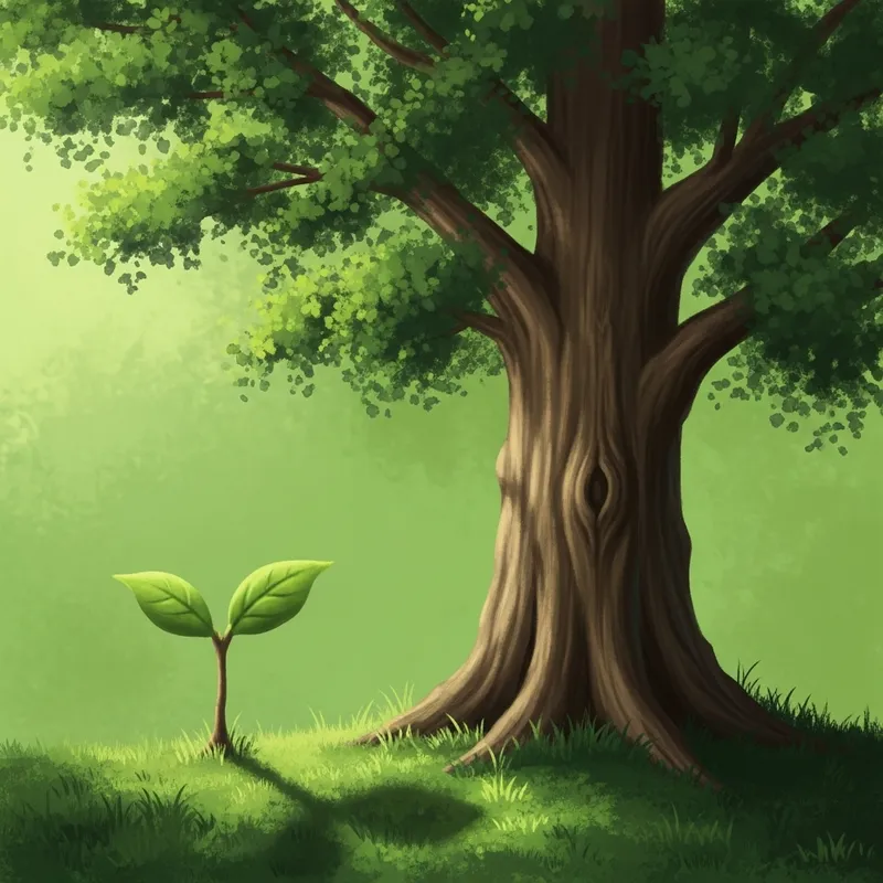 Lone Sapling Reaching Ancient Tree | Green Hues & Dappled Sunlight