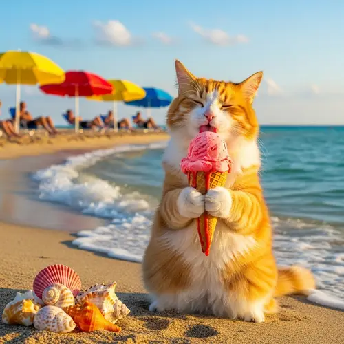 Blissful Cat Enjoying Ice-Cream on Sunny Beach