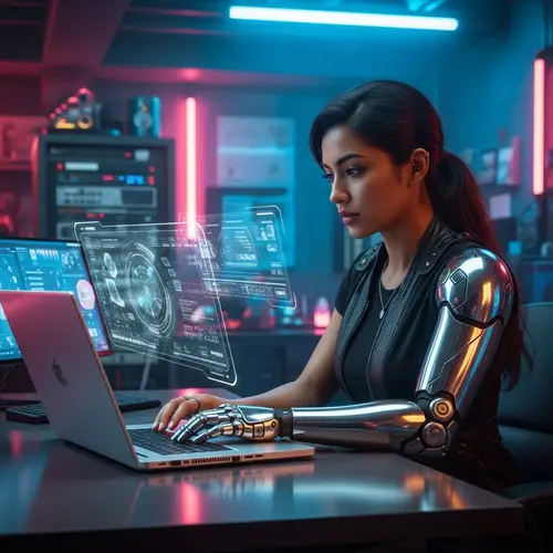 Futuristic South Asian Woman Working on Metallic Laptop