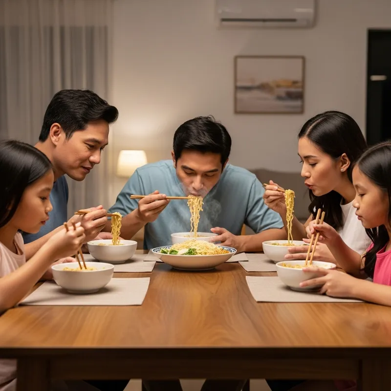 Filipino Family Enjoying Noodles Together